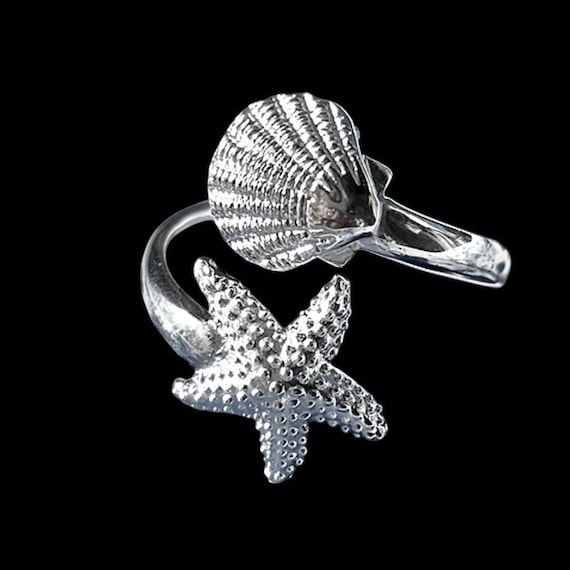 Starfish shell ring, silver - open beach ring, 925 sterling silver, size 59