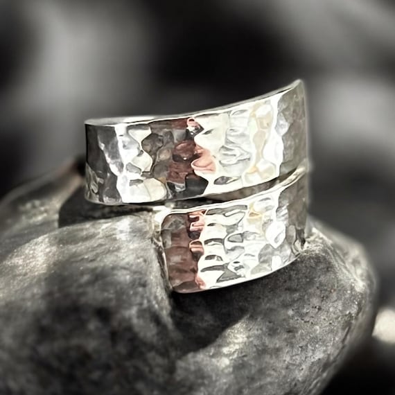 Ebb and Flow design ring Wave, open ring, silver, hammered - ring size 56