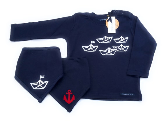 Boys Set "Paper Ships" Long Sleeve Shirtand 2 Neck Scarves Blue/White/ Red - Fair Trade & Organic - Maritime Set of 3, Boats, Anchor