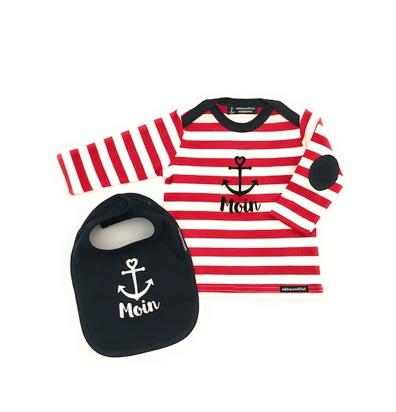 Ebb and Flow Baby Set Anchor Moin - Baby Long Sleeve Shirt and Bib, Maritime Gift for 1st Birthday, Size 80/86
