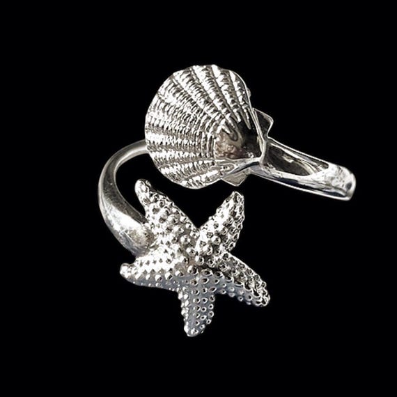 Starfish shell ring, silver - open beach ring, 925 sterling silver, size 59