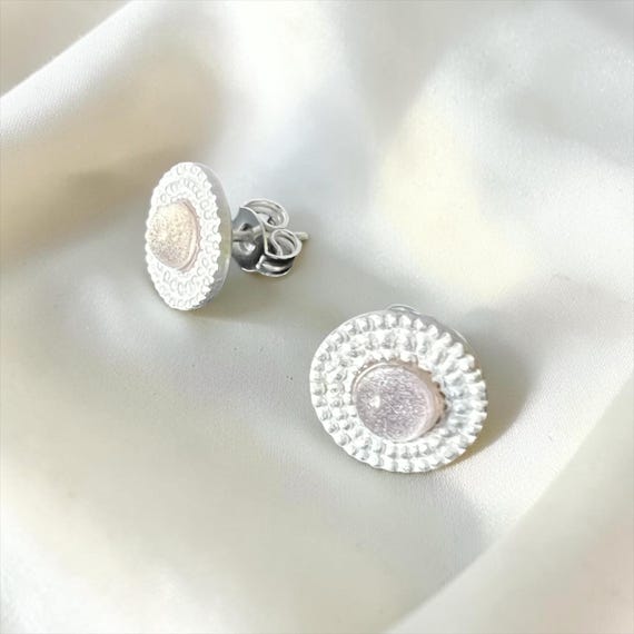 North Sea Silver Maris Light Pink Stud Earrings - Maritime silver stud earrings with pink glass stone and silver leaf - handcrafted coastal jewelry
