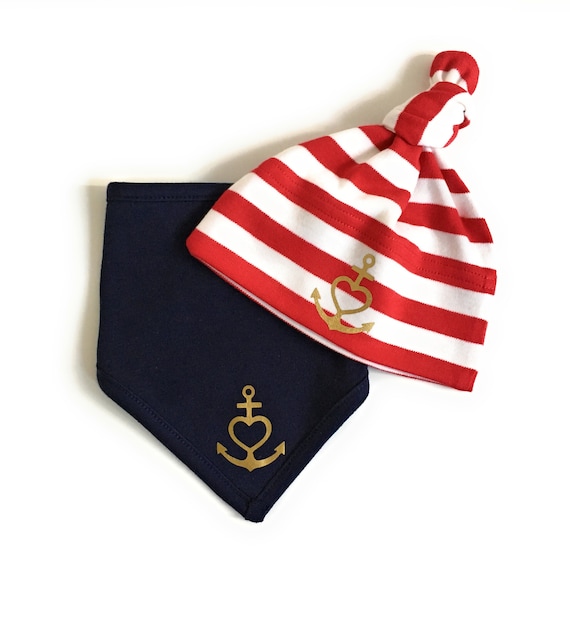 Baby Set Cap & Scarf "Anchor with Heart" Faith, Love, Hope - blue white red gold, baby gift for birth, ebb and flow®