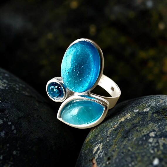 Ebb and Flow Statement Ring North Sea Silver Aqua Blue Turquoise - elegant women's ring, handcrafted designer jewelry