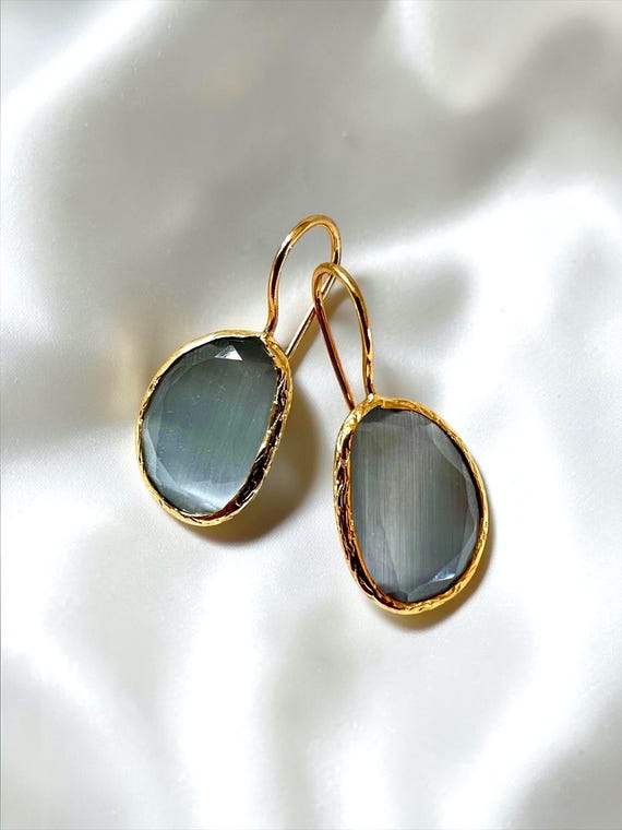 Ebb and Flow Earrings Gold Blue-Gray Cat-Eye - Baltic Gold Earrings Minimalist Elegant, Gift for Her