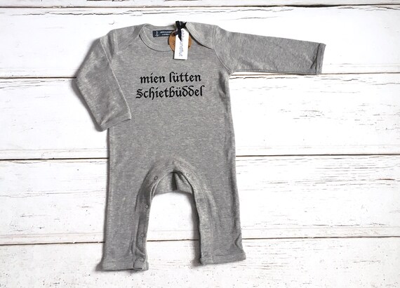 Baby stramplers "mien lütten Schietbüddel" grey-Fair Trade-romper, Schietbüdel, sleepsuit, all-in-one, playsuit, Rompasuit, pajamas
