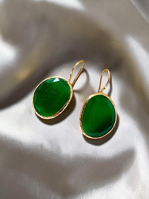 Ebb and Flow Earrings Gold Emerald Green Cat-Eye Large - Baltic Gold Earrings Minimalist Elegant, 24 Karat Gold Plated