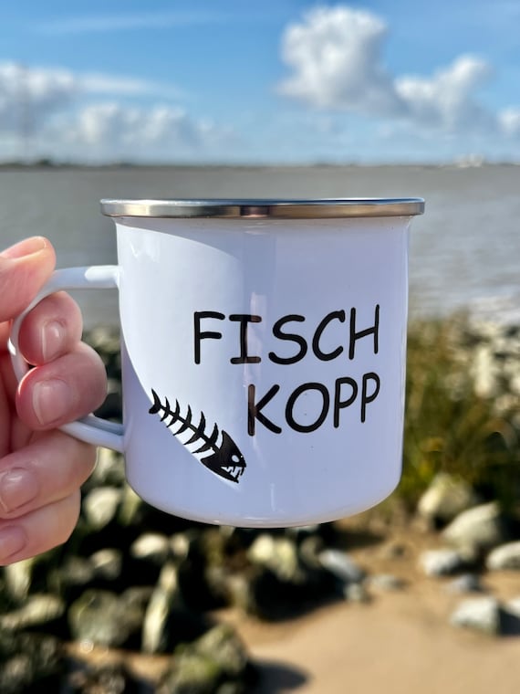 Ebb and flow enamel mug fish head - maritime mug gift North Sea Baltic Sea printed mug