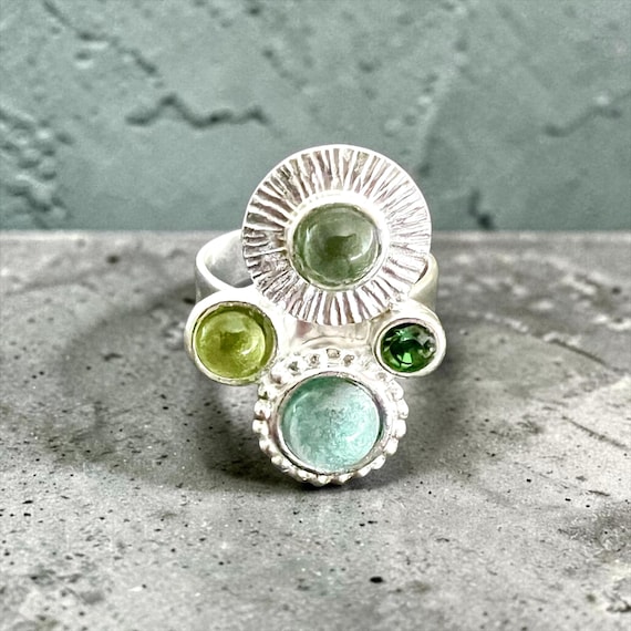 Statement ring in North Sea silver, green and blue - elegant women's ring, handcrafted designer jewelry