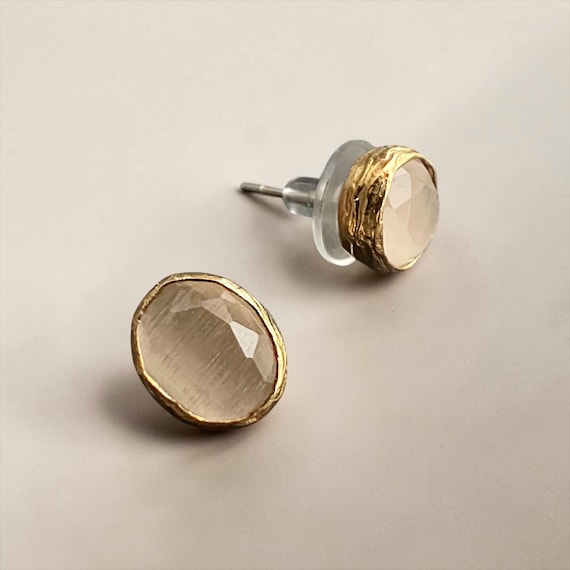 Ebb and Flow Stud Earrings Gold Taupe Glow - small Baltic gold earrings, subtle and elegant