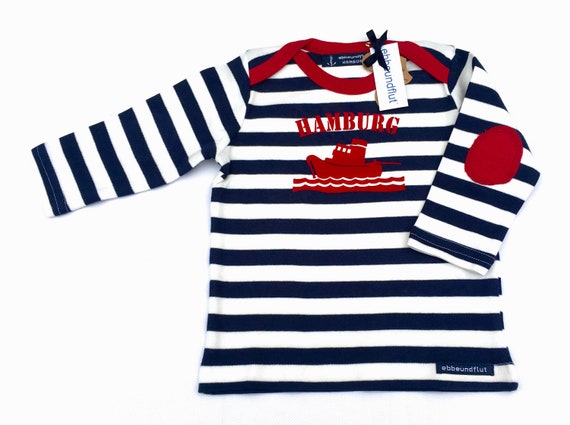 Maritime baby long sleeve shirt TUG HAMBURG - fair - blue and white striped - Hamburg gift, baby shirt ebb and flow®