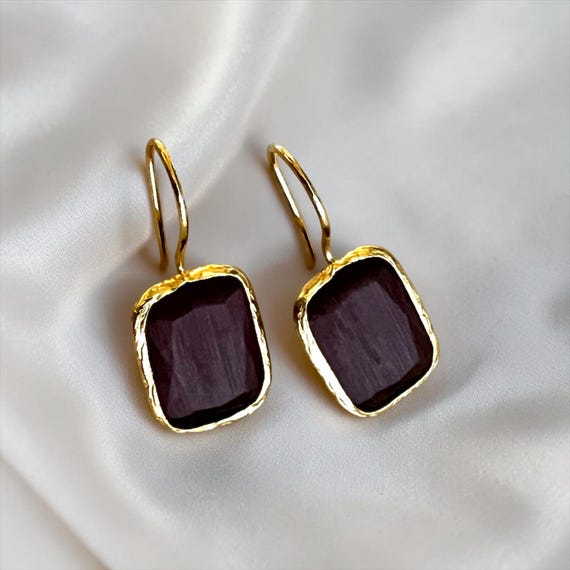 Ebb and Flow Earrings, Gold Brown, Square Cat-Eye - Baltic Gold Earrings, Minimalist and Elegant, 24 Karat Gold Plated