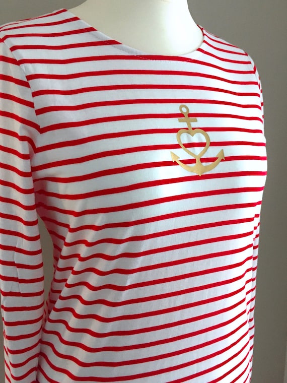 Ebb and Flow Longsleeve Anchor, Light Striped Shirt "Faith, Love, Hope", Anchor with Heart in Gold, Slim Fit - Ebb and Flut®