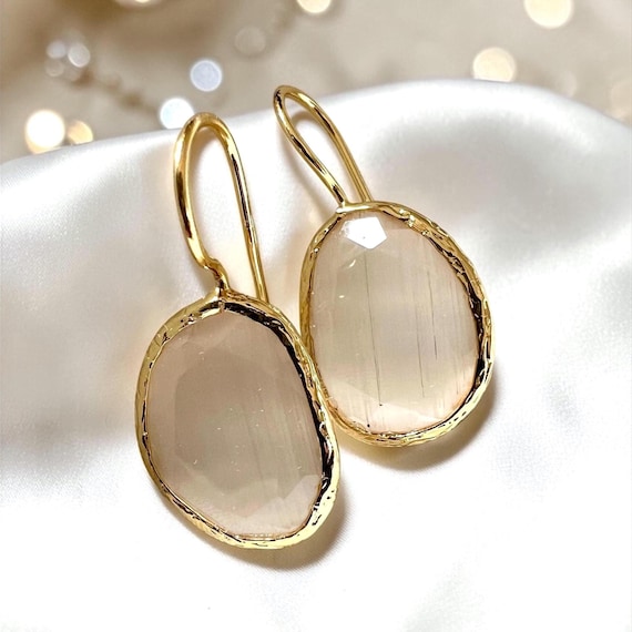 Ebb and Flow Gold White Cat-Eye Drop Earrings - Baltic Gold Earrings Minimalist Elegant, Gift for Her