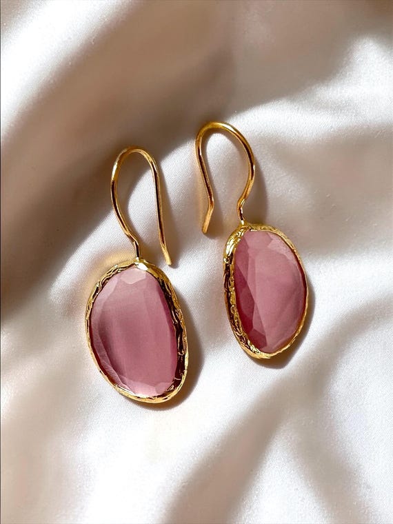 Ebbe und Flut Ohrhänger Gold rosa Cat-Eye - Ostseegold Ohrringe minimalistisch elegant, Geschenk für Sie