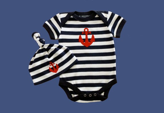 Baby-Body & Hat anchor Hamburg-Fair trade-blue white striped, gift for birth, babyset, baby gift, baby romper suits anchor Love