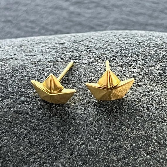 Ebb and Flow Paper Boat Stud Earrings, Large, Matte Gold Plated, Maritime Paper Boat Stud Earrings