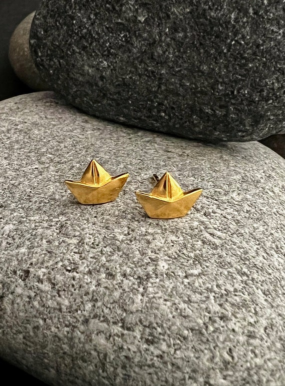 Ebb and flow earrings paper sailing boat large gold plated, special edition shiny gold plated - only a few pieces