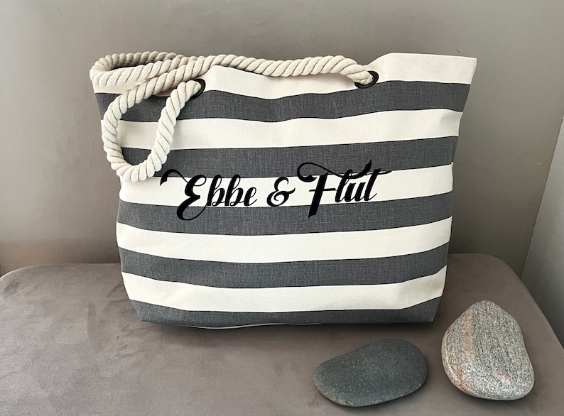 Beach bag Ebbe & Flut grey striped Maritime bag, beach bag made of linen canvas, large beach bag, ebbe und flut® image 2