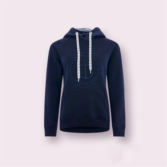 Hoodie Beach Sea Coast Size L - maritime hoodie in dark blue with embroidery ebb and flow