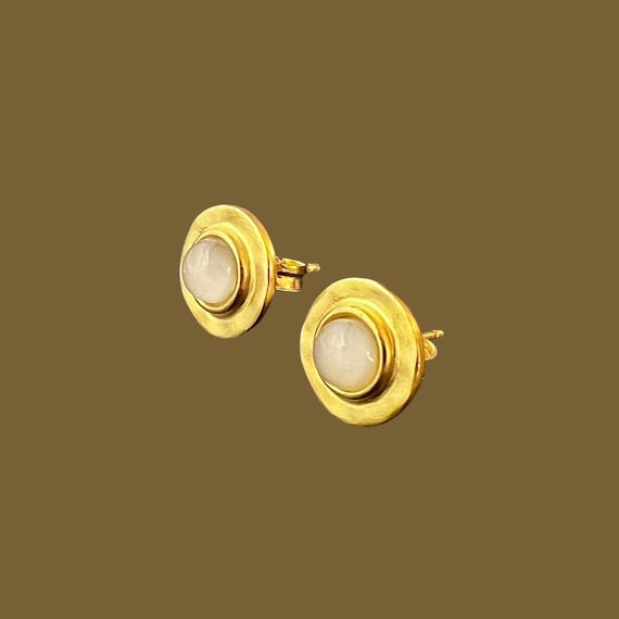 Ebb and Flow Stud Earrings Baltic Gold Moonstone - Round 22K matte gold plated with white glass stone