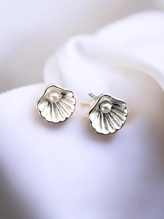 Ebb and flow earrings shell with pearl mini matt silver-plated, bridal jewelry, wedding jewelry