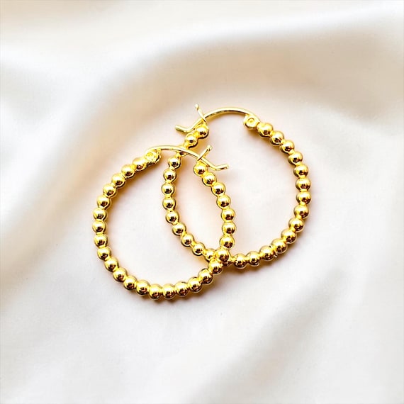 Ebb and Flow Hoop Earrings with Gold Beads, Silver Gold Plated Hoop Earrings - Gold Bead Hoop Earrings 30 mm