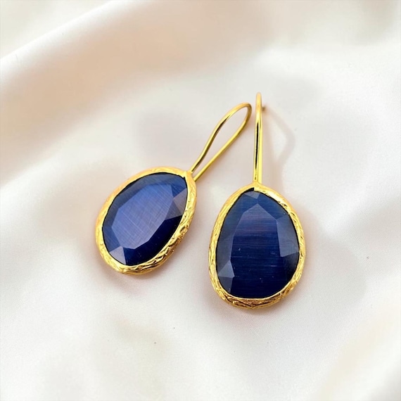 Ebb and Flow Earrings, Gold, Dark Blue, Cat-Eye - Baltic Gold Earrings, Ocean Blue, Minimalist and Elegant, 24-Carat Gold Plated