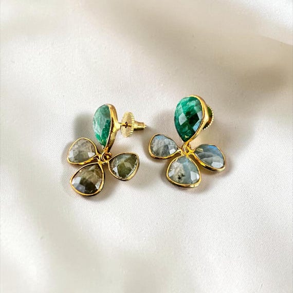Ebb and Flow Stud Earrings Morning Dew - Floral Stud Earrings with Synthetic Labradorite