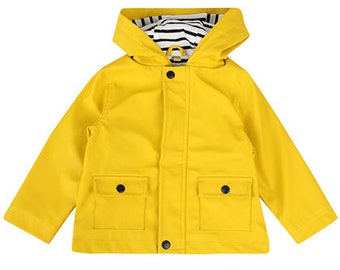 Ebbe und Flut Kinder Regenjacke, Friesennerz, gelb, gefüttert, blau weiß gestreift, Hamburg, Norddeutsch, ebbe und flut®