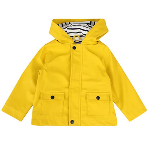 Ebbe und Flut Regenjacke, Friesennerz, gelb, gefüttert blau weiß gestreift, Babyregenjacke, Hamburg, Norddeutschland, ebbe und flut®