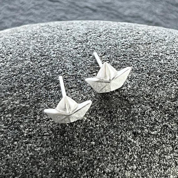 Ebb and Flow Paper Boat Stud Earrings, Large Silver Plated, Maritime Paper Boat Stud Earrings