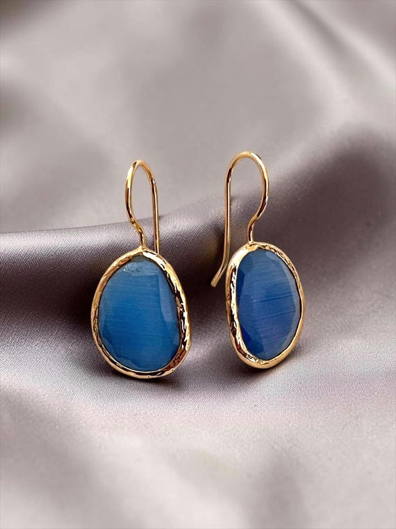 Ebb and Flow Gold Blue Cat-Eye Drop Earrings - Baltic Gold Earrings Minimalist Elegant, Gift for Her