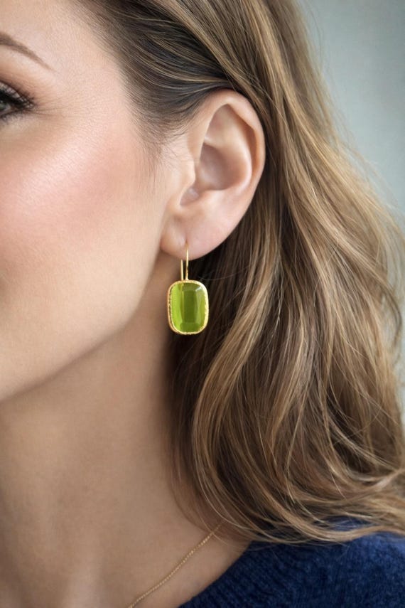 Ebb and Flow Gold Green Square Cat-Eye Drop Earrings - Baltic Gold Earrings Minimalist Elegant, Gift for Her