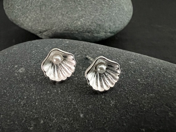 Ebb and flow earrings shell with pearl mini matt silver plated, bridal jewelry, wedding jewelry