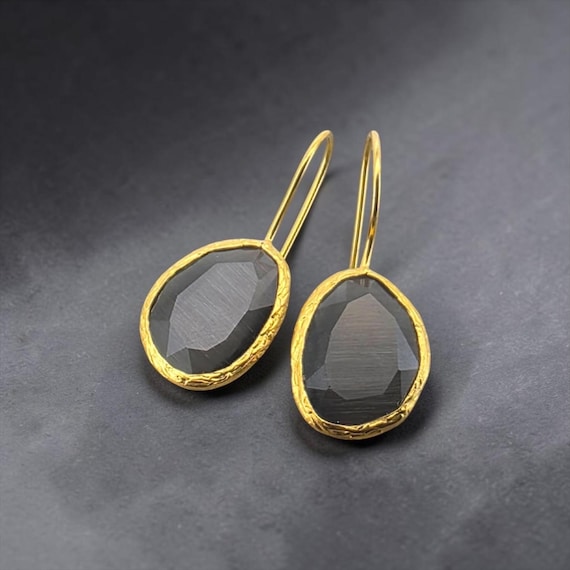 Ebb and Flow Earrings, Gold, Dark Grey Cat-Eye - Baltic Gold Earrings, Grey, Minimalist and Elegant, 24 Karat Gold Plated