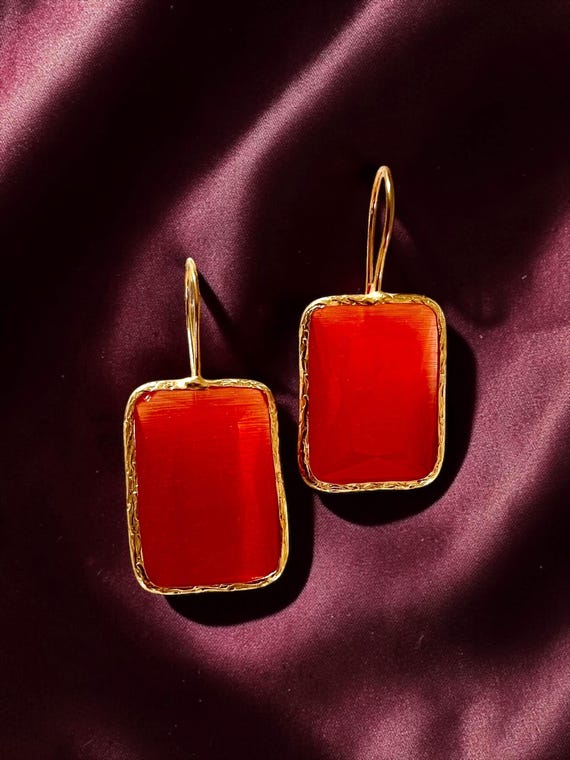 Ebb and Flow Gold Orange Square Cat-Eye Drop Earrings - Minimalist Elegant Gold Earrings, Gift for Her