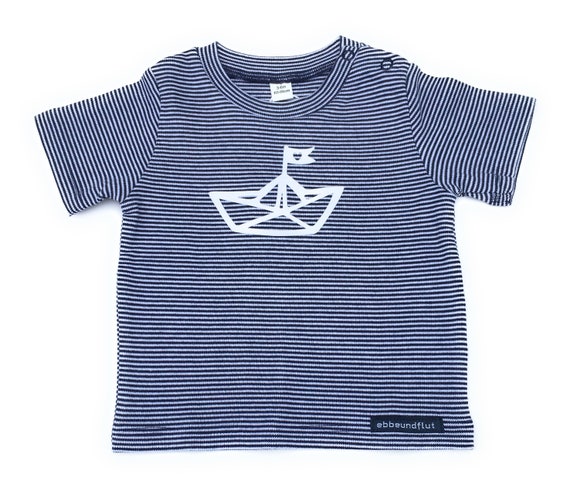 Maritime baby shirt paper boat - dark blue/white striped - fair & organic, gift for birth, Hamburg gift, striped baby shirt