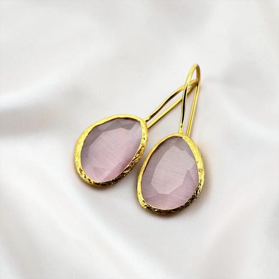 Ebb and Flow Drop Earrings, Light Pink Gold Cat-Eye - Baltic Gold Earrings, Pink, Minimalist and Elegant, 24 Karat Gold Plated