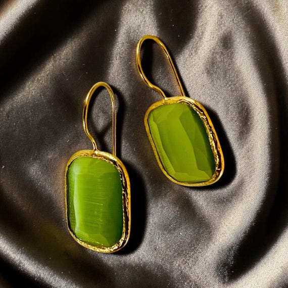 Ebb and Flow Gold Green Square Cat-Eye Drop Earrings - Baltic Gold Earrings Minimalist Elegant, Gift for Her