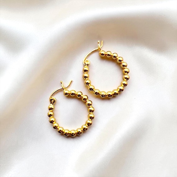 Ebb and Flow Hoop Earrings with Gold Beads, Small Silver Gold Plated Hoop Earrings - Gold Bead Hoop Earrings 20 mm
