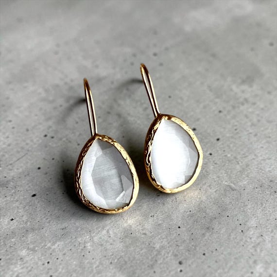 Ebb and Flow Gold White Cat-Eye Drop Earrings - Baltic Gold Minimalist Elegant Earrings, Size M