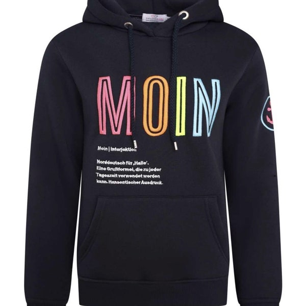 Hoodie Moin Grösse L - maritimer Kapuzenpullover in dunkelblau mit "MOIN" Stickerei Ebbe und Flut