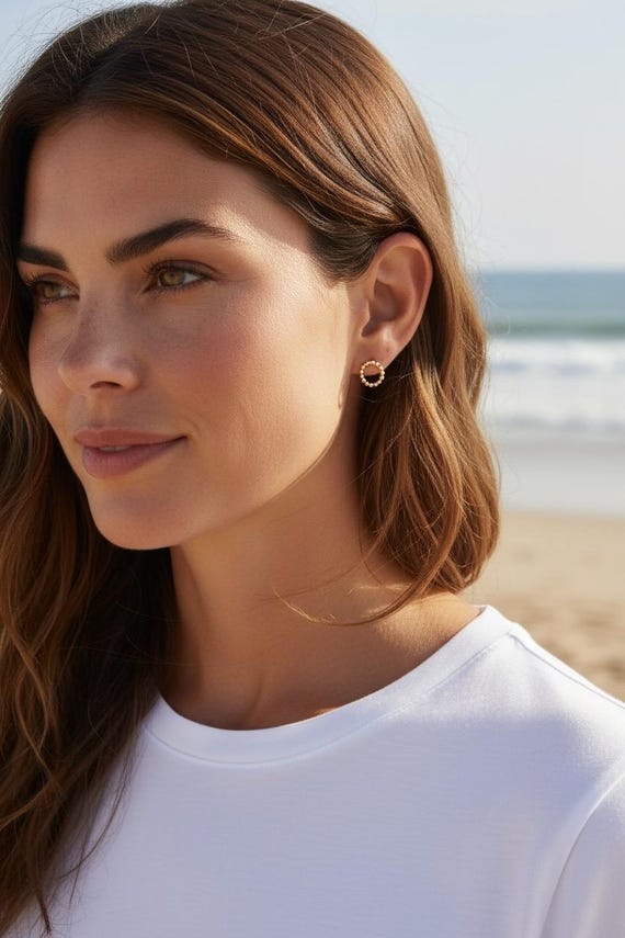 Ebb and Flow Circle Stud Earrings, Gold with small beads made of gold-plated sterling silver, 11 mm