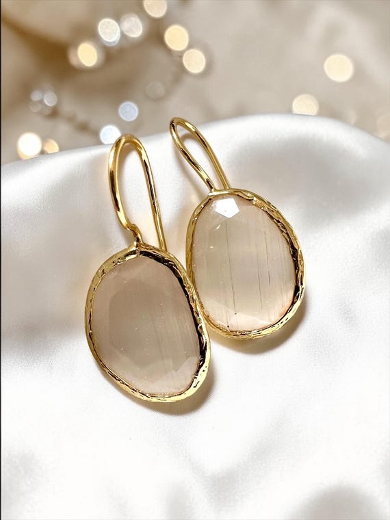 Ebb and Flow Gold White Cat-Eye Drop Earrings - Baltic Gold Earrings Minimalist Elegant, Gift for Her