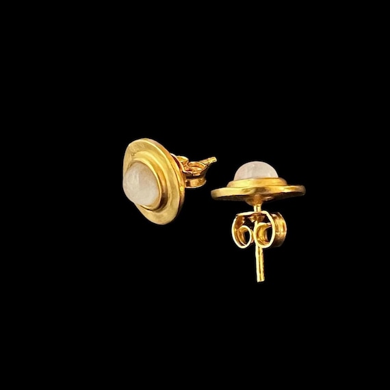 Ebb and Flow Stud Earrings Baltic Gold Moonstone - Round 22K matte gold plated with white glass stone
