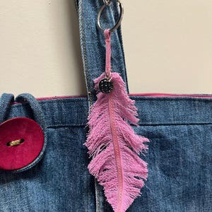 Upcycled Feathered  Denim Bag Charm Pink With Silver Disc and Lobster Clasp
