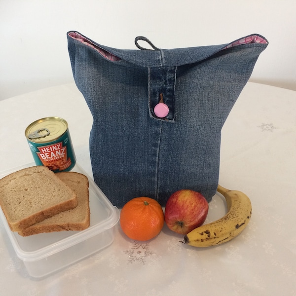 LUNCH BAG UPCYCLED From Jeans Pink Check Lining Width 29.5cm (11.5") x Depth 35cm (13.75")