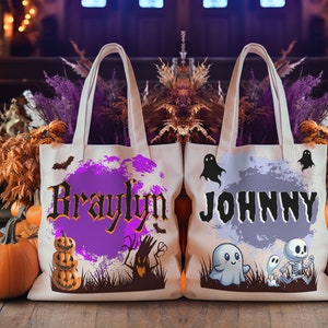 Custom Trick-Or-Treat Bag, Personalized Halloween Tote Bag, Witchy Black Cat, Jack-o-Lantern, Ghost Canvas Bag, Trick Treat Goodie gift Bags