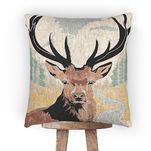 Rustic Deer Woven Tapestry Pillow, Antler Buck Throw Pillow for Cabin Decor, Stag Forest Scene Cushion, Nature Lodge Aesthetic 17x18&quot;